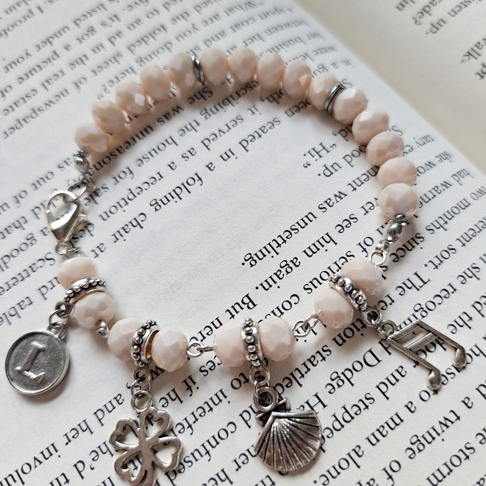 Peach Beaded Charm Bracelet with Silver Accents